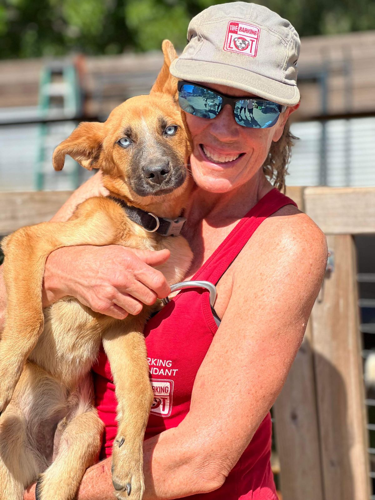 A puppy is held by a woman in a red tank top, with the text "Barking Attendant - The Barking Lot" on it.